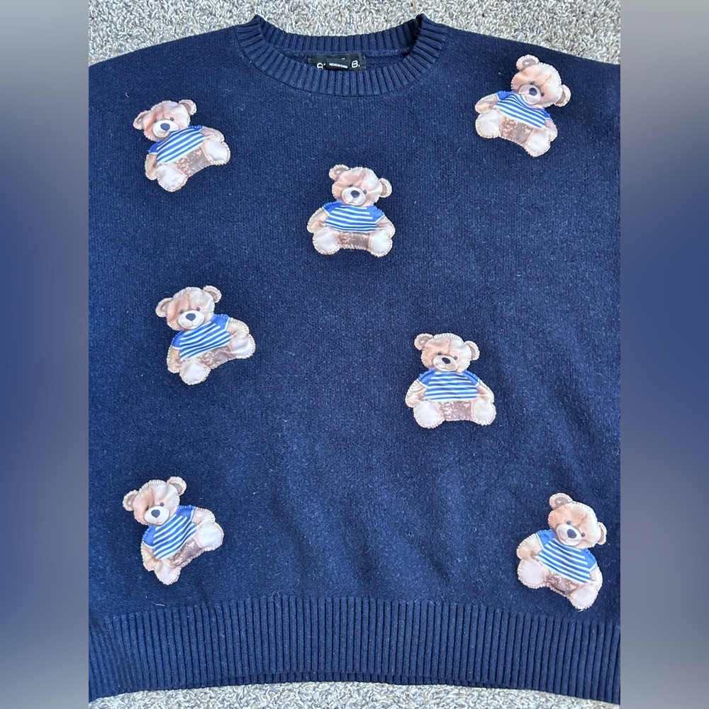 Arden B. Navy Blue Cozy Teddy Bear Patched Sweater size Medium - Picture 2 of 9